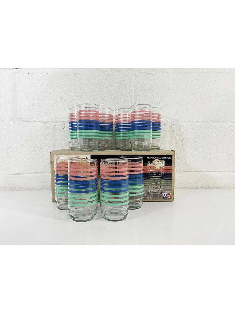 Vintage Pastel Rainbow Striped Glasses Pink White Barware Set of 10 1980s 1970s
